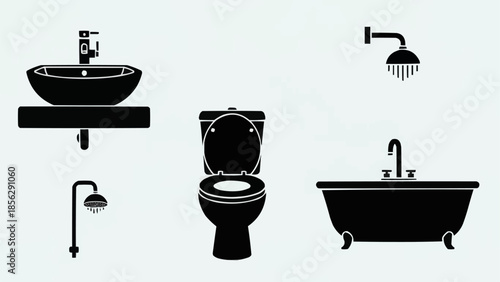Collection of bathroom fixtures in silhouette style.