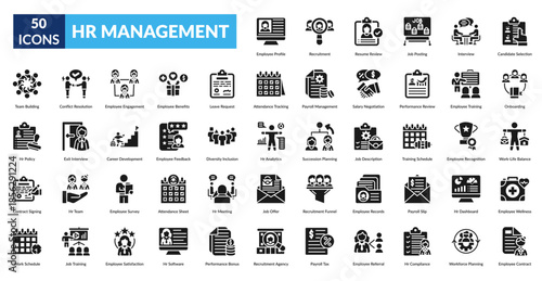 Hr Management Glyph Icon Set. Employee Profile, Talent Acquisition, Resume Evaluation, Job Advertisement, Interview Process, Candidate Selection, New Hire Onboarding