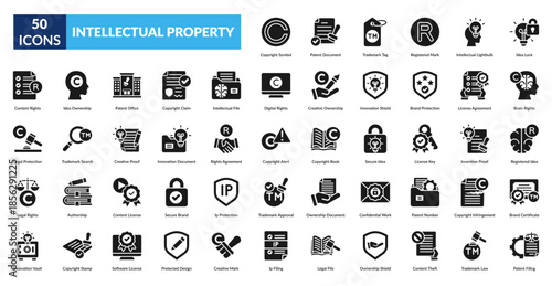 Intellectual Property Glyph Icon Set. Ip Rights, Copyright Symbol, Patent Document, Trademark Tag, Registered Mark, Intellectual Property, Licensing Agreement