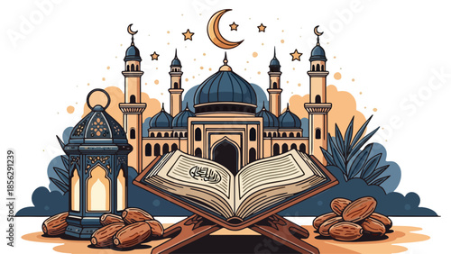 Islamic Ramadan Illustration with Mosque, Quran, Lantern, Crescent Moon, and Dates