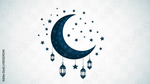 Islamic Crescent Moon and Stars with Hanging Lanterns Ramadan Illustration