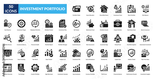 Investment Portfolio Glyph Icon Set. Portfolio Folder, Asset Allocation, Diversified Assets, Investment Chart, Stock Portfolio, Risk Balance, Bond Investment