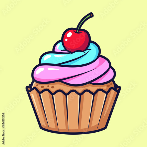 Colorful Cupcake with Cherry Topping Illustration.