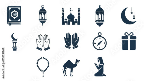 Islamic Icons Set — Mosque, Lantern, Kaaba, Quran, and Geometric Patterns