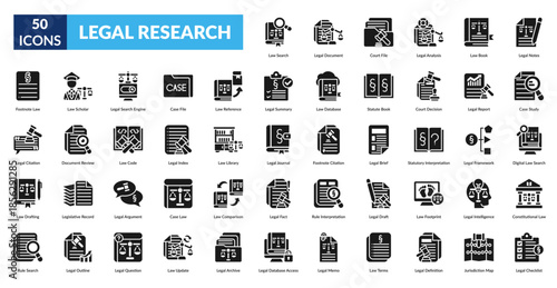 Legal Research Glyph Icon Set. Regulation Search, Document Review, Court Records, Legal Analysis, Statute Book, Case Notes, Case Study