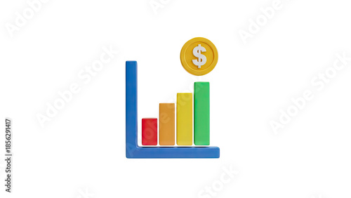 3D Financial Growth Bar Chart with Dollar Coin Icon on transparent background