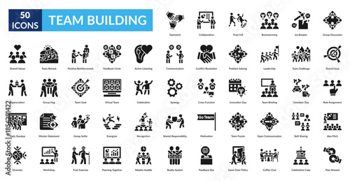 Team Building Glyph Icon Set. Team Challenge, Leadership, Problem Solving, Conflict Resolution, Communication, Active Listening, Feedback Circle
