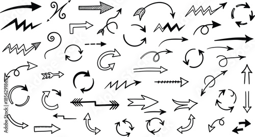 Black hand drawn arrow set, decorative pointer collection, sketch directional signs, curly curved arrows, doodle vector icons, pointing symbols, indicator,