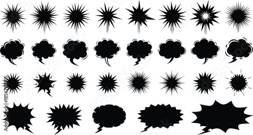 Set of black comic speech bubbles, explosion bursts, scream clouds, and flash bang symbols in silhouette style for manga, pop art.