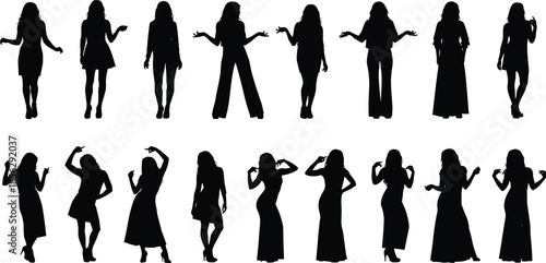 Set of black female silhouettes in various standing poses, fashion models wearing dresses and pants, diverse poses and gestures, vector.
