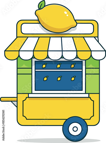 Minimalist cartoon vector illustration of a brightly colored classic lemonade stand or small mobile street vendor cart, featuring a striped awning and a large lemon on top.