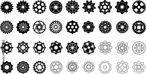 Set of black industrial gear icons, mechanical cogwheels, engine wheels, machinery parts in solid silhouette and linear outline styles, vector.