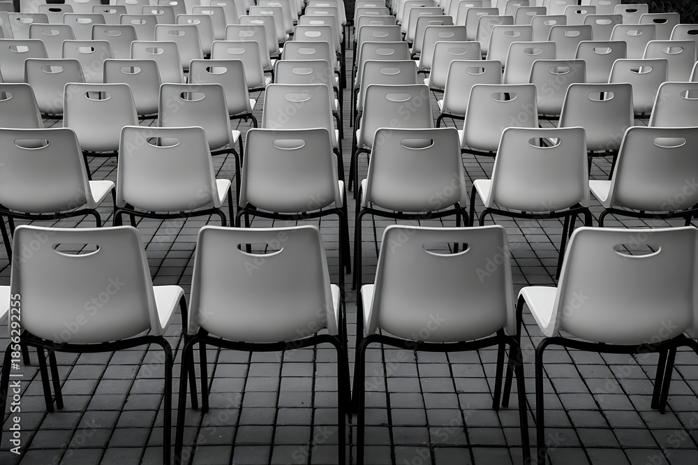 Obraz premium Rows of Empty Chairs in Industrial Style Conference Room - Black and White Modern Furniture for Meeting Spaces and Venue Seating Decor