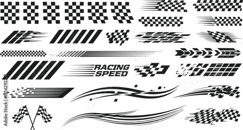 Set of checkered racing flags, speed motion lines, checkered stripes, fast movement graphics, and automotive racing decals for sports design, vector.