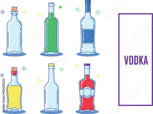 Minimalist Outline Style Vodka and Spirits Bottle Collection Vector: Set of Six Clear and Colored Liquor Bottles with Simple Labels, Ideal for UI/UX Design and Graphic Infographics