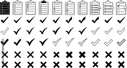 Set of clipboard checklist icons, black check marks, tick symbols, cross marks for x rejection, and task management verification elements, vector.