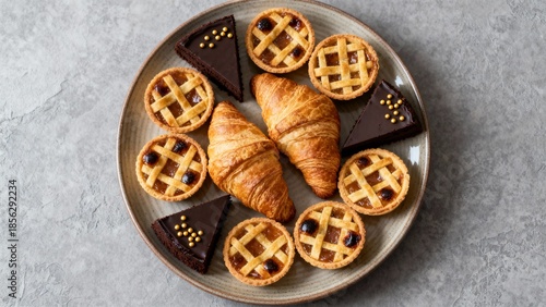close up of a tray containing chocolate cake slices, mini pies, croissants 