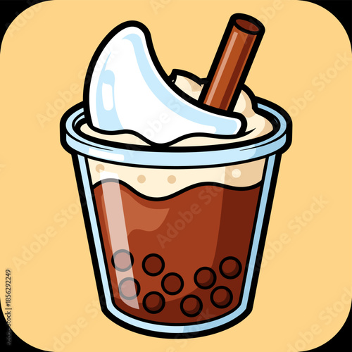 Cartoon Boba Tea with Tapioca Pearls and Cream Topping.