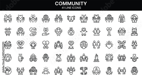 Set of forty one community line icons featuring hands holding hearts, global charity symbols, people teamwork icons, and nonprofit organizations, vector.