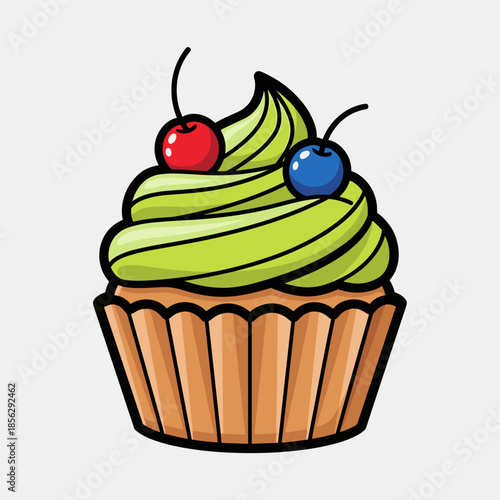 Delicious Cupcake with Green Frosting and Cherry Toppings Illustration.