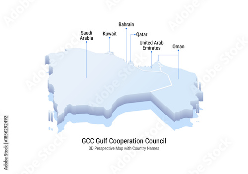 Political Map of Gulf Cooperation Council Countries GCC arab country, with 3d three-dimensional perspective style Vector Illustration