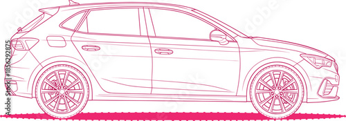 Modern compact hatchback car side view line art illustration in vibrant pink, perfect for technical drawings, automotive design, and transport concepts.