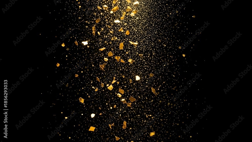 Obraz premium Luxury background with falling golden leaf flakes and glittering particles suspended in the air against a solid black backdrop.
