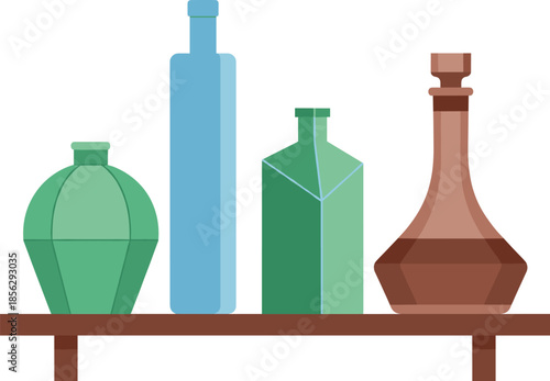 Modern Minimalist Vector Illustration: Stylized Geometric Bottles and Decanters in Blue, Green, and Brown Colors Displayed on a Wooden Shelf for Home Decor or Beverage Design