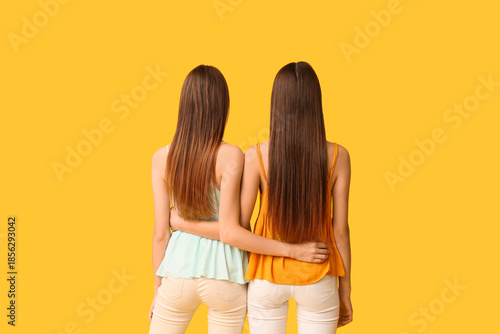 Young twin sisters on yello...