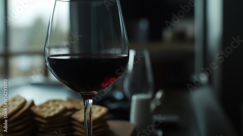 Elegant Composition of Red Wine, Crackers, and Subtle Lighting