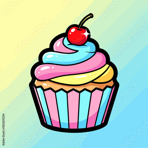 Colorful Cupcake with Cherry Topping - A Sweet Treat Illustration.
