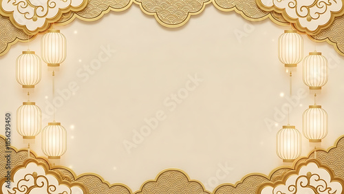 Elegant beige background with golden clouds and lanterns for festive occasions.