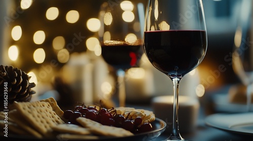 Elegant evening, wine glasses, candlelight, and appetizers creating warm atmosphere