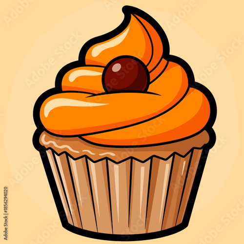Delicious Cupcake with Orange Frosting and Chocolate Cherry Topping.