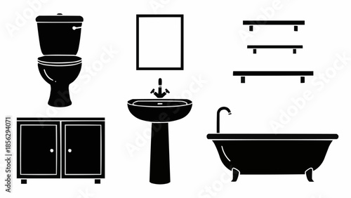 Collection of bathroom furniture and fixtures in silhouette style.