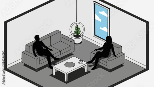 Two people sitting in a modern living room having a conversation.