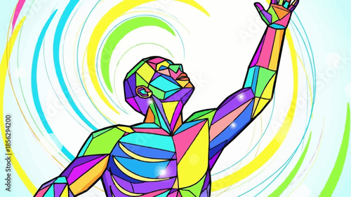 Man reaching up with colorful geometric body and swirling background.