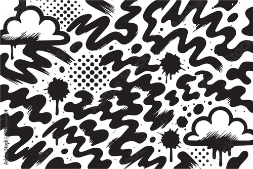 An abstract vector background showcases black and white spray paint textures flowing with gravity, forming a dramatic composition that highlights contrast, motion, and modern artistic energy.