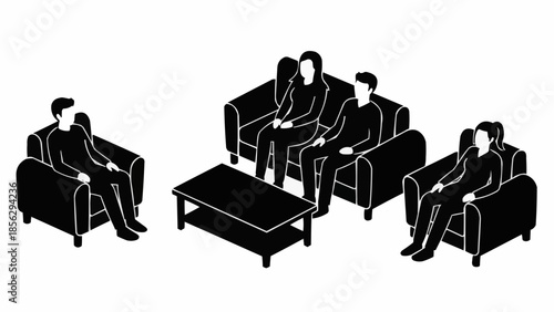 People sitting in armchairs and on sofa in a meeting room.