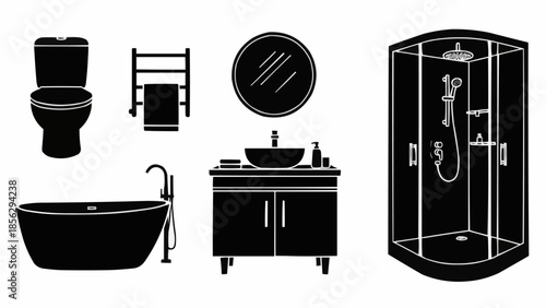 Bathroom fixtures and accessories silhouette set.