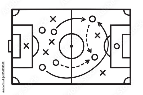 A vector depicts a football tactic sketched on a chalkboard, featuring monochrome field markings, player icons, and directional arrows that visualize strategy, movement, and match preparation