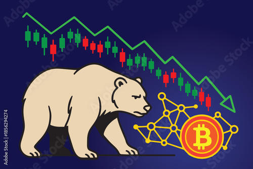 Vector graphic shows a bearish Bitcoin crypto trend, featuring declining charts and negative movement to symbolize market correction, uncertainty, and the dynamic nature of digital currency trading.