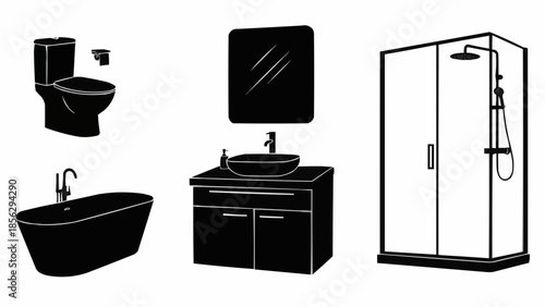 Collection of bathroom fixtures and furniture in silhouette style.
