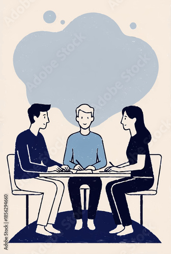 Three individuals engaged in a collaborative discussion around a table with documents in a minimalist setting viewed from a slight elevation