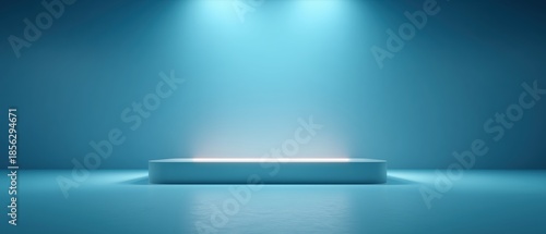 Bright Blue Backdrop with Minimalist Platform Under Spotlight