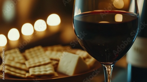 Elegant Wine Still Life with Cheese and Crackers Under Warm Lights