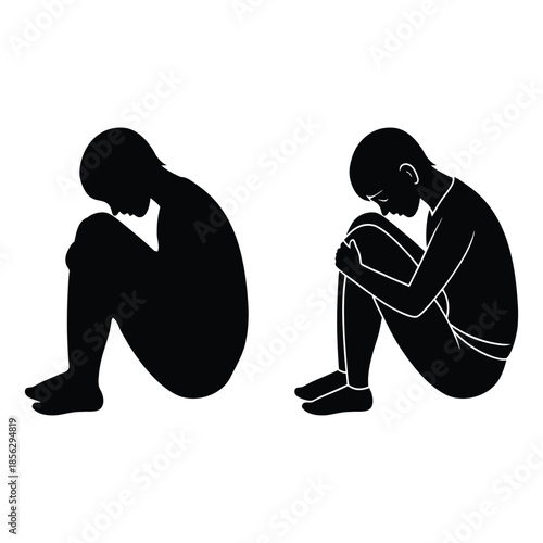 Human silhouette sitting with knees hugged, emotional reflection and solitude concept
