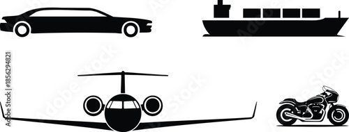 Transportation Modes Silhouette Collection, Vehicle Icons: Limo, Cargo Ship, Private Jet, and Motorcycle, Modern Logistics and Luxury Travel Graphics, Travel and Transport Symbol Set, silhouette.