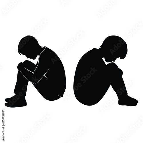 Teenager  silhouette sitting with knees hugged, quiet reflection and solitude concept