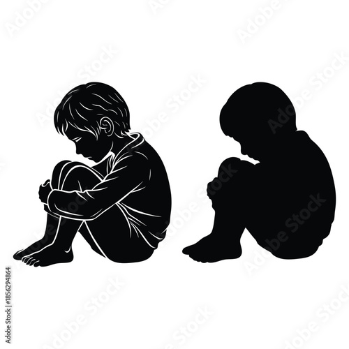 Child silhouette sitting with knees hugged, quiet and thoughtful childhood concept